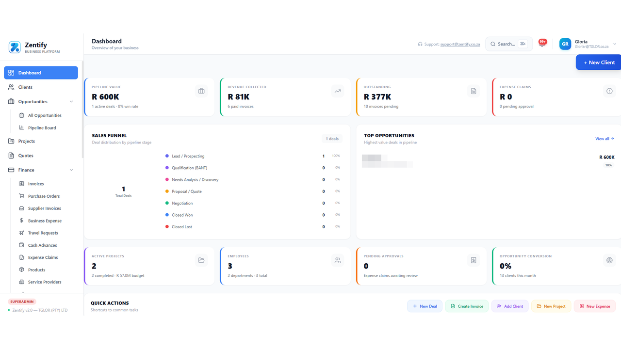 Zentify Dashboard screenshot